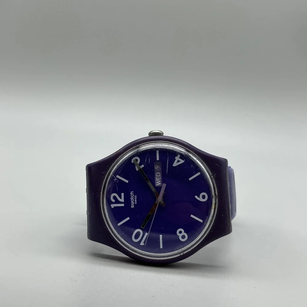 Swatch Backup Purple Mens Watch 41mm Purple Dial Day Date Swiss New Battery